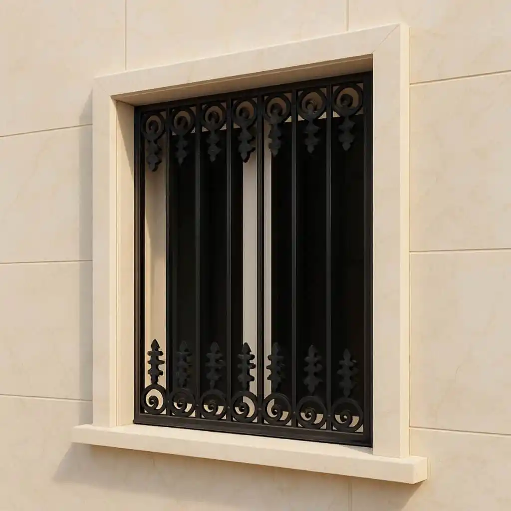 تصویر حفاظ قندیل دار روی پنجره نمای سنگی کلاسیک