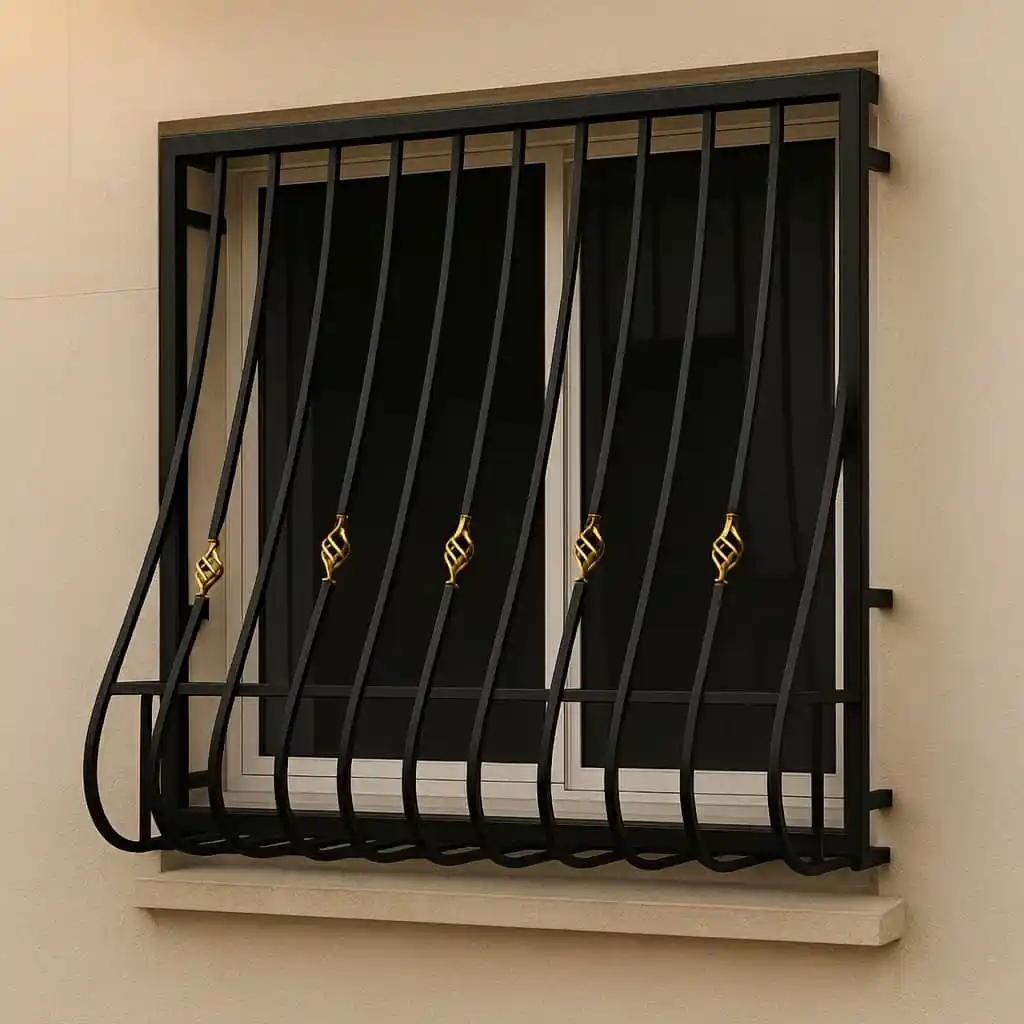 عکس نمای نزدیک حفاظ پنجره سبدی ارکیده با گلدان رنگی