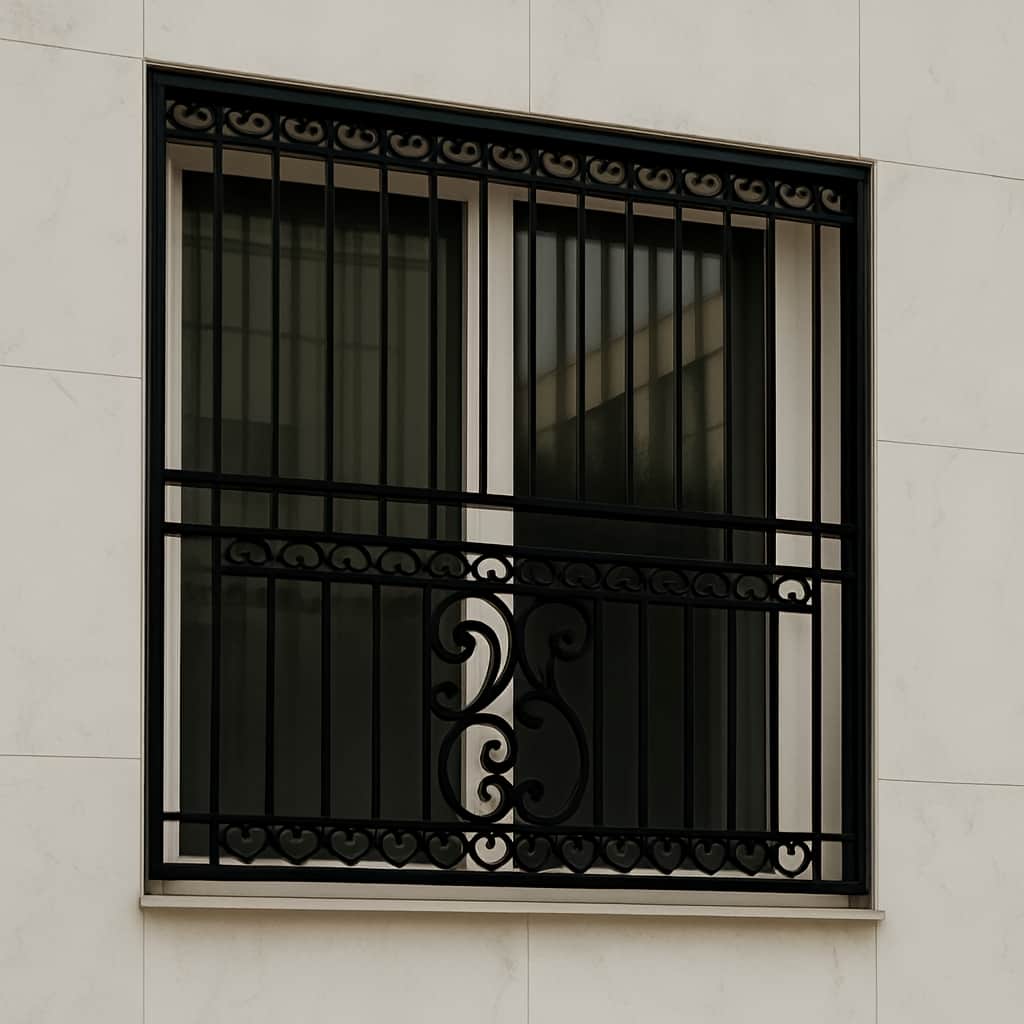 عکس نمای نزدیک حفاظ پنجره کلاسیک سلطنتی روی نمای سنگی