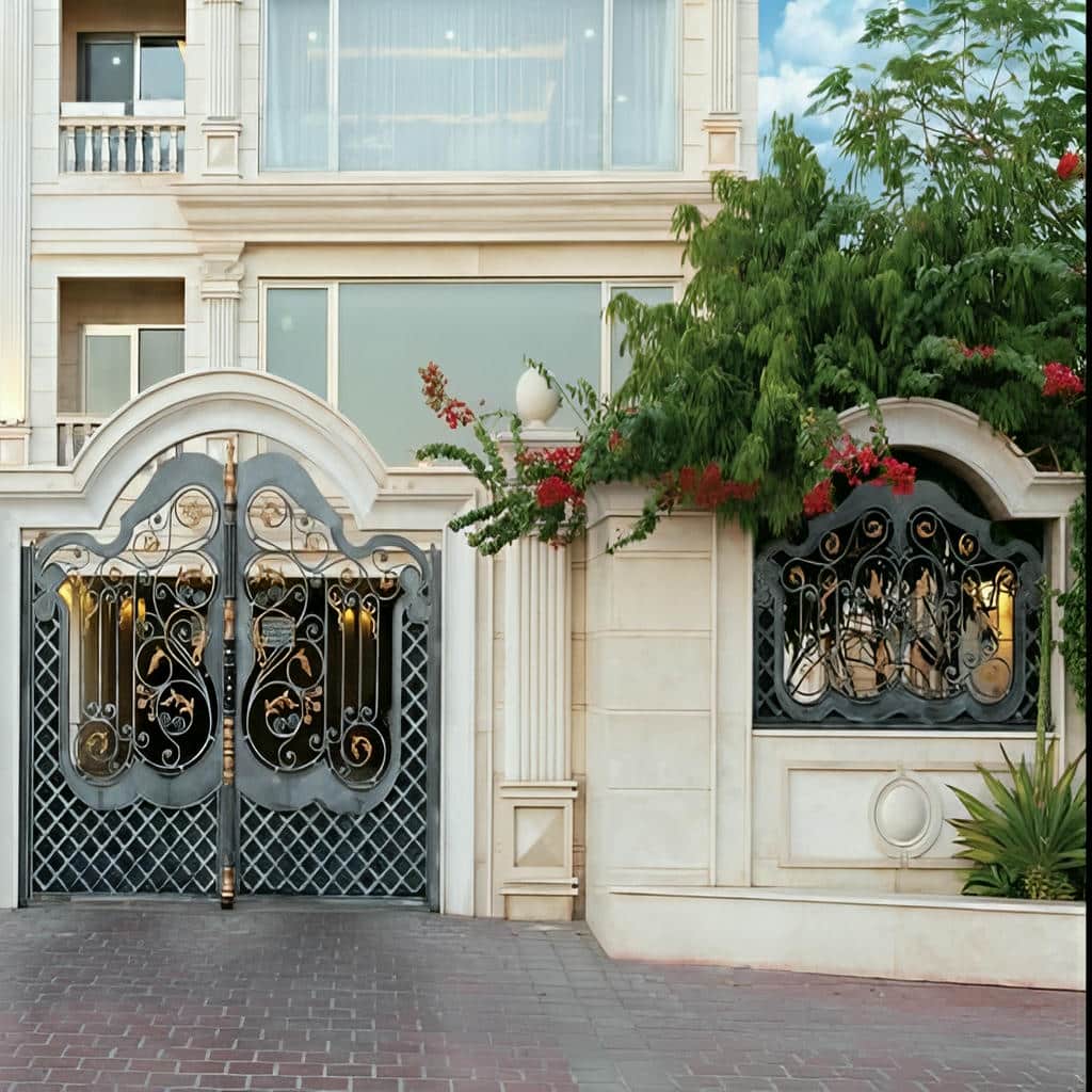 درب فرفورژه گل دار ساختمان با چهارچوب فلزی محکم