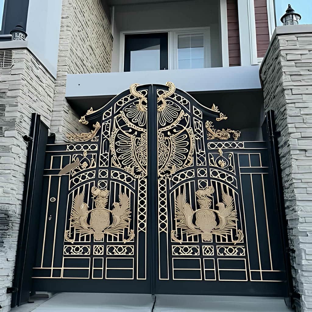 درب حیاط فرفورژه نمای رومی با طراحی هماهنگ با ستون سنگی