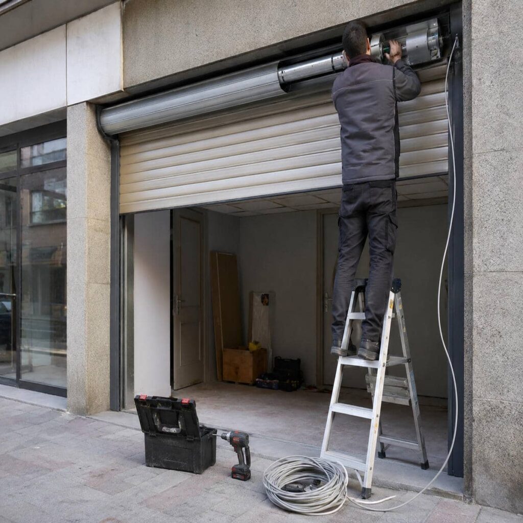 کرکره ریموت‌دار مشکی روی ورودی فروشگاه